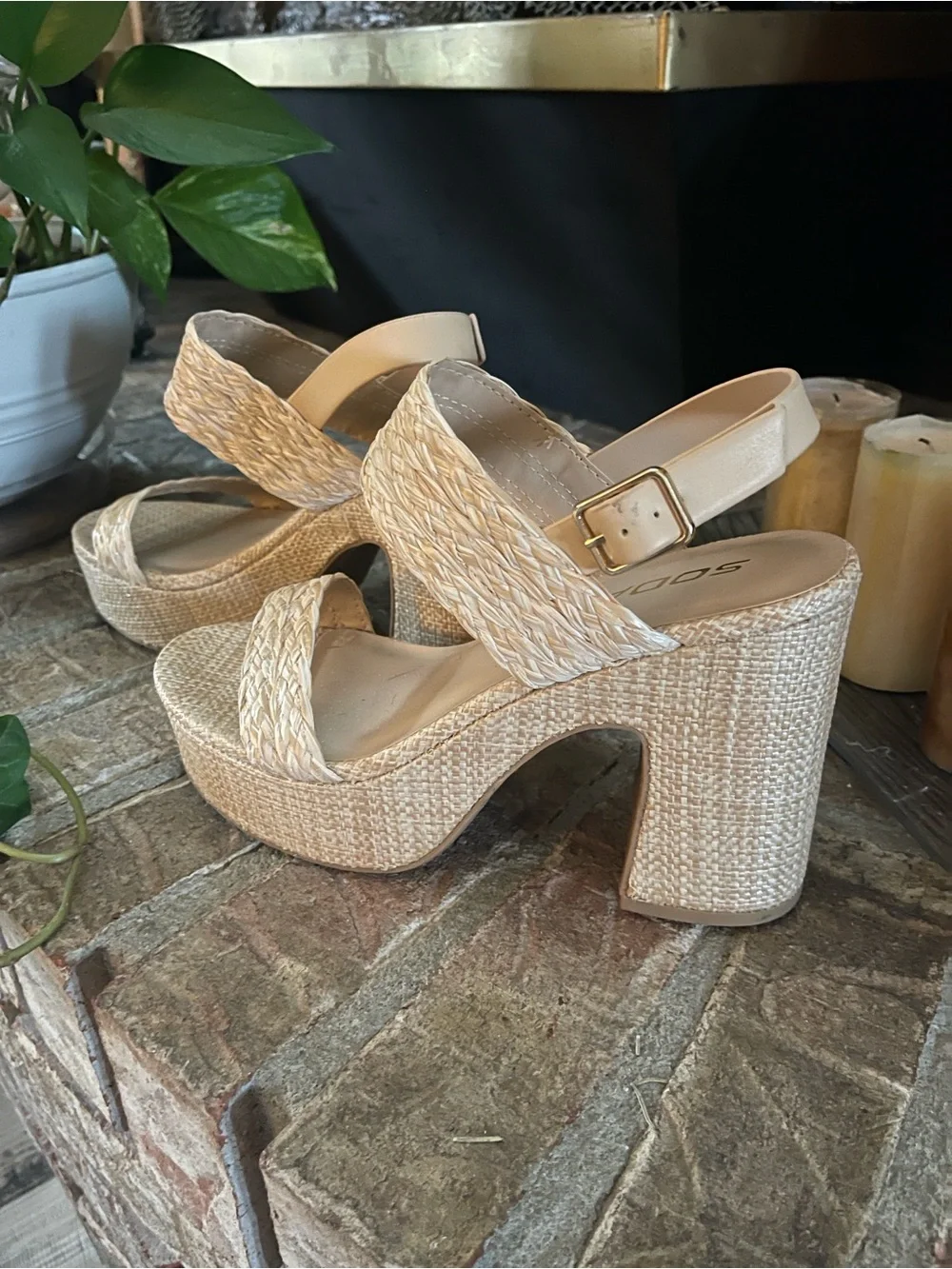 Woven Cream Platform Sandals with Ankle Strap by Soda